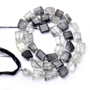 Shop Rutilated Quartz Beads! AAA+ Black Rutilated Quartz 6mm-8mm Faceted Nugget Beads | Natural Black Rutile Step Cut Tumbled Semi Precious Gemstone Beads | 7" Strand | Natural genuine beads Rutilated Quartz beads for beading and jewelry making.  #jewelry #beads #beadedjewelry #diyjewelry #jewelrymaking #beadstore #beading #affiliate #ad