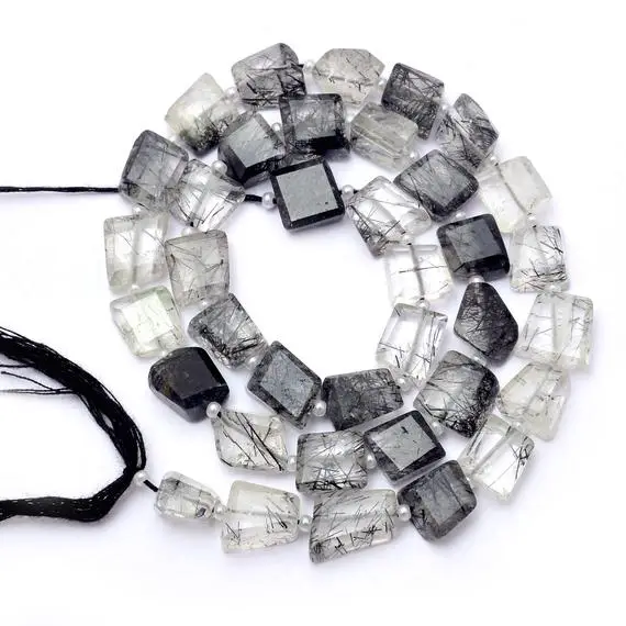 Aaa+ Black Rutilated Quartz 6mm-8mm Faceted Nugget Beads | Natural Black Rutile Step Cut Tumbled Semi Precious Gemstone Beads | 7" Strand