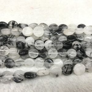 Shop Rutilated Quartz Bead Shapes! Genuine Black Rutilated Quartz 8mm – 10mm Flat Round Black Hair Quartz Coin Beads 15 inch Jewelry Bracelet Necklace Material Supply | Natural genuine other-shape Rutilated Quartz beads for beading and jewelry making.  #jewelry #beads #beadedjewelry #diyjewelry #jewelrymaking #beadstore #beading #affiliate #ad