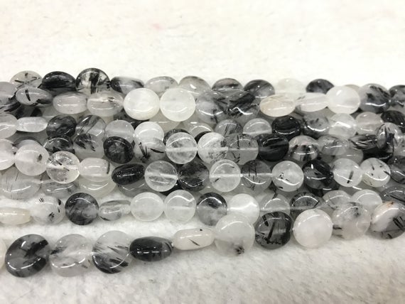 Genuine Black Rutilated Quartz 8mm - 10mm Flat Round Black Hair Quartz Coin Beads 15 Inch Jewelry Bracelet Necklace Material Supply