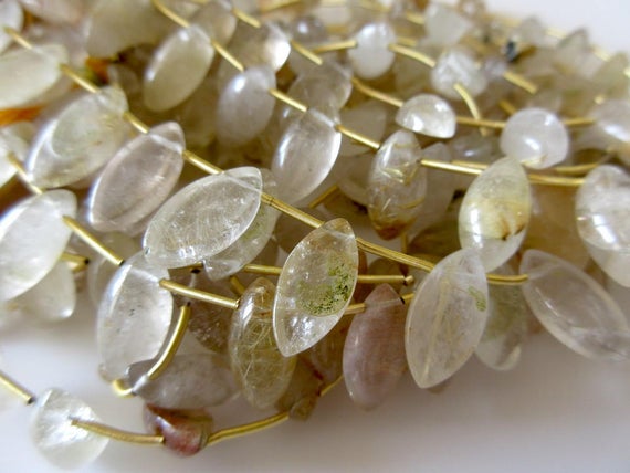 Golden Rutilated Quartz Gemstone Briolette Beads, Rutile Quartz Flat Back Marquise Beads,  15mm To 16mm Each, 9 Inch Strand, Gds732