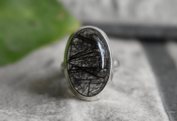 925 Silver Natural Rutile Quartz Ring-black Rutile Ring-quartz Ring-rutilated Quartz Ring-natural Quartz-black Rutilated Ring