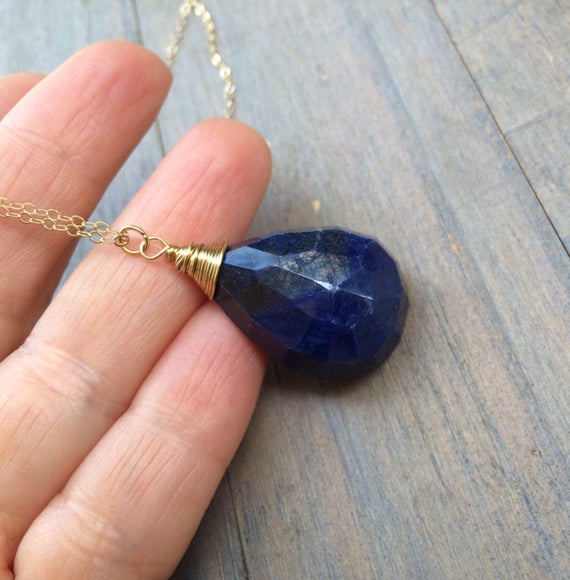 Huge Blue Sapphire Pendant. Gold Fill Necklace. Dark Blue Sapphire Jewelry. September Birthstone. Virgo