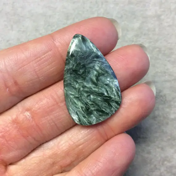 Ooak Natural Green Seraphinite Freeform Tear Shaped Flat Back Cabochon - Measuring 21mm X 33mm, 3.5mm Dome Height - Gemstone Cab