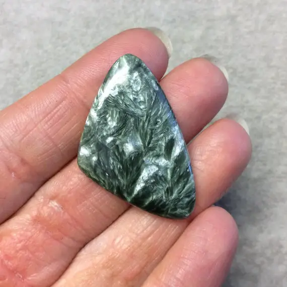 Ooak Natural Green Seraphinite Freeform Sail Shaped Flat Back Cabochon - Measuring 25mm X 40mm, 4.5mm Dome Height - Gemstone Cab