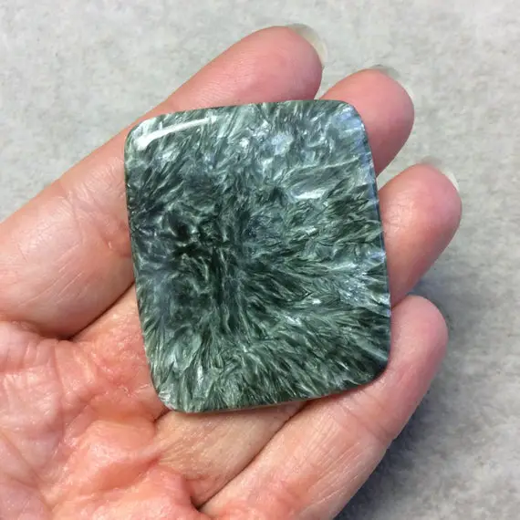 Ooak Natural Green Seraphinite Rectangle Shaped Flat Back Cabochon - Measuring 40mm X 47mm, 5mm Dome Height - Gemstone Cab