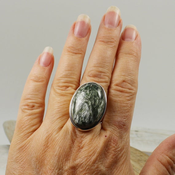 Gorgeous Stone... Seraphinite Ring Big Oval Shape Green Seraphinite Cab Stone Set On 925 Sterling Silver Solid Quality Work Handmade Unisex