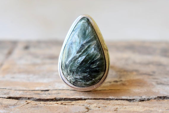 Seraphinite Ring, Statement Ring/ 925 Sterling Silver Ring/ Gifts For Her/ Birthstone Jewelry/ Handmade Ring/ Boho Rings #b330