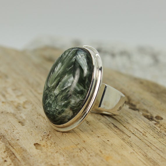 Stunning... Seraphinite Ring Big Oval Shape Green Seraphinite Cab Stone Set On 925 Sterling Silver Solid And Durable Quality Work Handmade