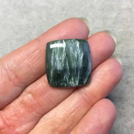 Ooak Natural Green Seraphinite Rounded Square Shaped Flat Back Cabochon - Measuring 22mm X 24mm, 5.5mm Dome Height - Gemstone Cab