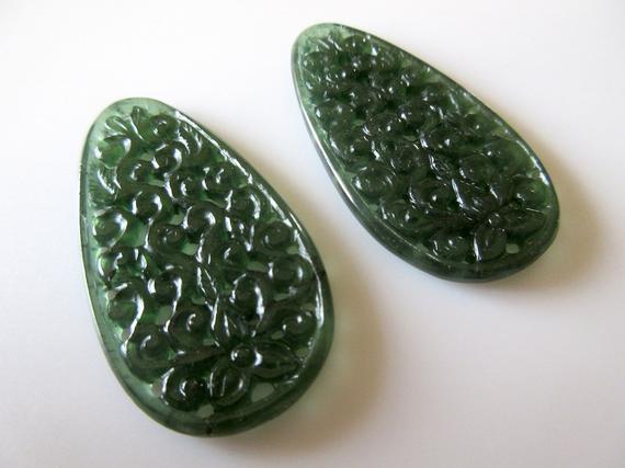 Unique Hand Carved Green Serpentine Gemstone Carving, Filigree Finding, Natural Serpentine Earrings 51x27mm Each, Sku-tc71