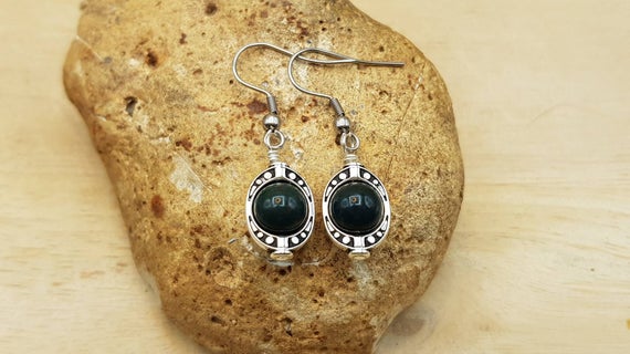 Small Bloodstone Earrings. March Birthstone. Crystal Reiki Jewelry Uk. Green Oval Frame Earrings. 8mm Stones