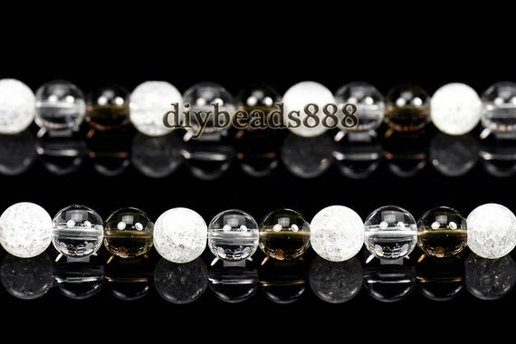 Cracked Rock Crystal Quartz + Rock Crystal Quartz + Smoky Quartz Smooth Round Beads,natural,6mm 8mm 10mm 12mm For Choice,15" Full Strand