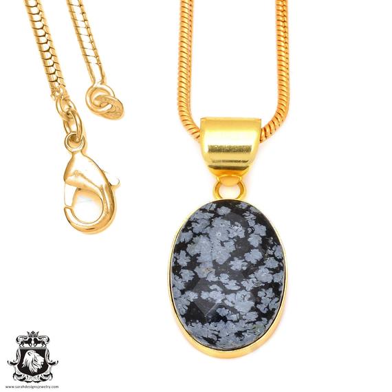 Snowflake Obsidian Pendant Necklaces & Free 3mm Italian 925 Sterling Silver Chain Gph84