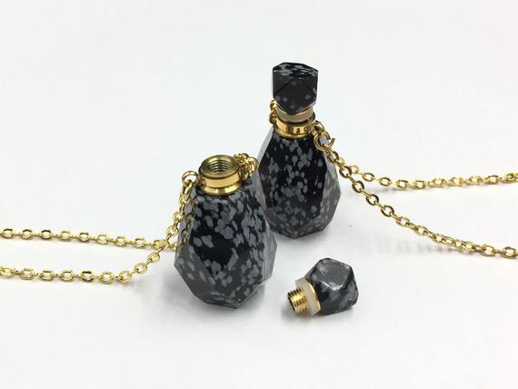 Faceted Snowflake Obsidian Perfume Bottle Black Snowflake Obsidian Necklace Essential Oil Bottle Diffuser Scent Bottle Pendant Charm