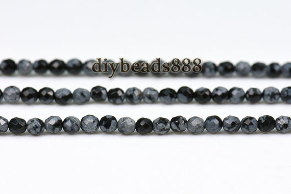 Snowflake Obsidian,15 Inch Strand Of Natural Black Snowflake Obsidian Faceted(64 Faces) Round Beads 2mm 3mm For Choice