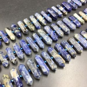 Shop Crystal Beads for Jewelry Making! Double Terminated Sodalite Point Beads Blue Sodalite Crystal Stick Gemstone Beads Center Drilled Double Pointed Graduated 14.5" strand | Natural genuine beads Quartz beads for beading and jewelry making.  #jewelry #beads #beadedjewelry #diyjewelry #jewelrymaking #beadstore #beading #affiliate #ad
