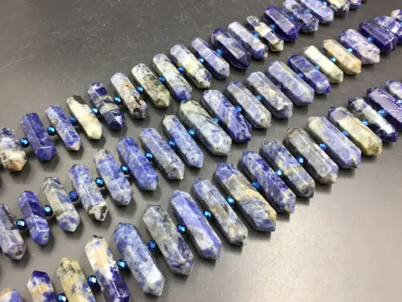 Double Terminated Sodalite Point Beads Blue Sodalite Crystal Stick Gemstone Beads Center Drilled Double Pointed Graduated 14.5" Strand