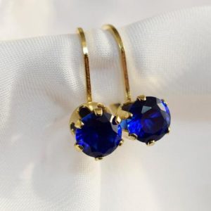 Blue Spinel Leverbacks, 6mm Round Set in 14 kt Yellow Gold Filled Leverback Earrings | Natural genuine Gemstone earrings. Buy crystal jewelry, handmade handcrafted artisan jewelry for women.  Unique handmade gift ideas. #jewelry #beadedearrings #beadedjewelry #gift #shopping #handmadejewelry #fashion #style #product #earrings #affiliate #ad
