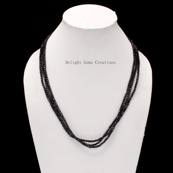 Black Spinel Faceted Beads Necklace, 3mm Black Spinel Round Beads Necklace, Multi Layering Necklace, Sparkling Black Beads Silver Necklace