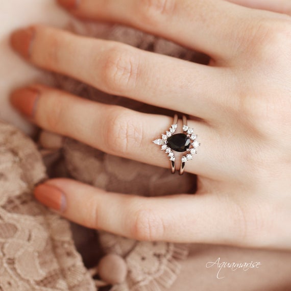 Black Diamond Ring Set- Sterling Silver Ring Set- Black Spinel Engagement Ring- Promise Ring- Black Gemstone- Anniversary Gift- Gift For Her