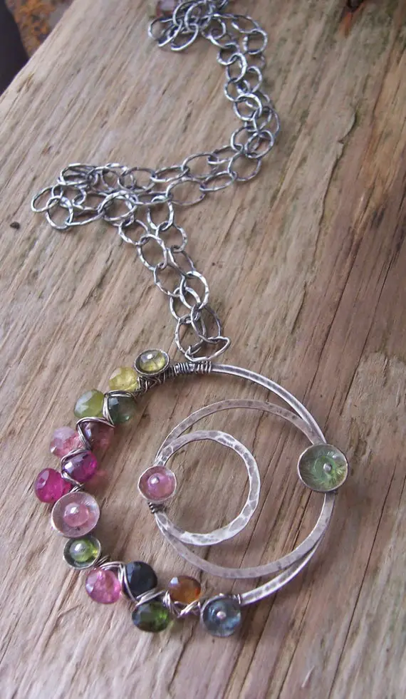 Sterling Silver Watermelon Tourmaline Necklace - Galaxy Pendant - Tourmaline Jewelry - Asymmetrical Circle Pendant