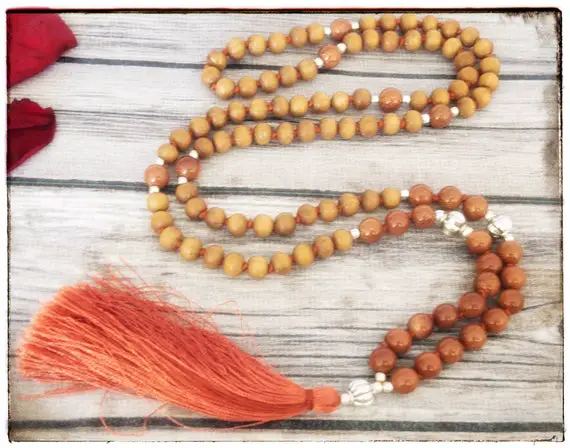 Sandalwood Necklace For Women, Sunstone Necklace For Men, Japa Mala Beads 108 Mala Necklace, Prayer Bead Necklace, Yoga Lover Gift For Her