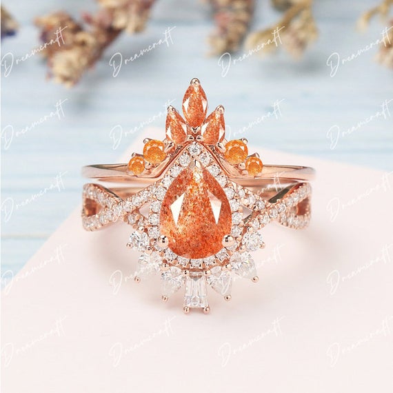 Sunstone Engagement Ring Gold 14k Pear Shape Unique Engagement Ring Sets Vintage Marquise Cut Moissanite Ring Wedding Bridal Ring