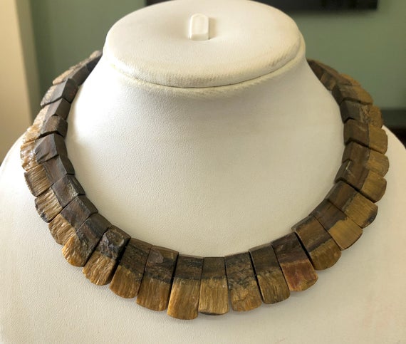 Natural Tiger Eyes Layout Necklace Gemstone Bib Necklace Collar Necklace, Both Side Wearable Rough And Matte 11"/13mm To 23mm, Gds1907