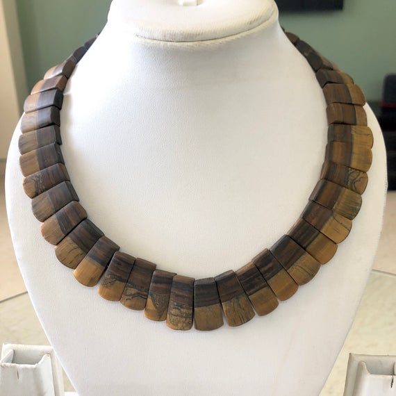 Natural Matte Rough Tiger Eyes Layout Necklace Gemstone Bib Necklace Cleopatra Collar Necklace, Both Side Wearable 13"/17mm To 23mm, Gds1906