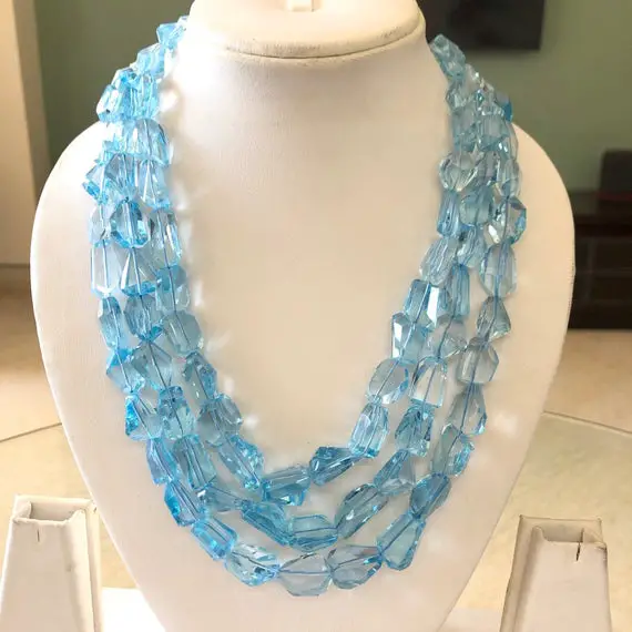 Natural Blue Topaz Step Cut Faceted Tumble Beads, Blue Topaz Layered Necklace, 11mm To 18mm Each, Sold As 3 Lines/1 Line, Gds1858