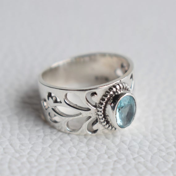 Natural Blue Topaz Ring, Handmade Silver Ring, 925 Sterling Silver Ring, Oval Topaz Designer Band Ring, December Birthstone, Birthday Ring