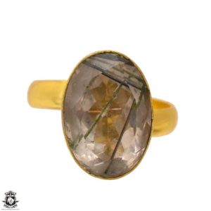 Shop Tourmalinated Quartz Rings! Size 10.5 – Size 12 Adjustable Tourmalated Quartz 24K Gold Plated Ring GPR1696 | Natural genuine Tourmalinated Quartz rings, simple unique handcrafted gemstone rings. #rings #jewelry #shopping #gift #handmade #fashion #style #affiliate #ad