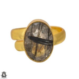 Shop Tourmalinated Quartz Rings! Size 7.5 – Size 9 Adjustable Tourmalated Quartz 24K Gold Plated Ring GPR1554 | Natural genuine Tourmalinated Quartz rings, simple unique handcrafted gemstone rings. #rings #jewelry #shopping #gift #handmade #fashion #style #affiliate #ad