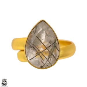 Shop Tourmalinated Quartz Rings! Size 8.5 – Size 10 Adjustable Tourmalated Quartz 24K Gold Plated Ring GPR1692 | Natural genuine Tourmalinated Quartz rings, simple unique handcrafted gemstone rings. #rings #jewelry #shopping #gift #handmade #fashion #style #affiliate #ad