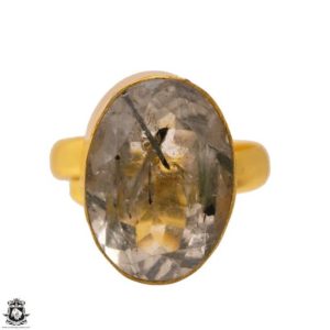 Shop Tourmalinated Quartz Rings! Size 8.5 – Size 10 Adjustable Tourmalated Quartz 24k Gold Plated Ring Gpr1691 | Natural genuine Tourmalinated Quartz rings, simple unique handcrafted gemstone rings. #rings #jewelry #shopping #gift #handmade #fashion #style #affiliate #ad