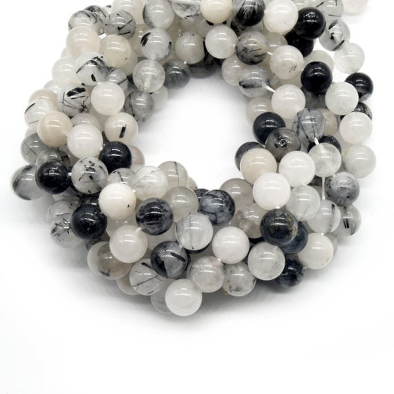 Black Tourmalinated Quartz Beads | Natural Smooth Black Rutilated Quartz Round Beads | 4mm 6mm 8mm 10mm 12mm Available