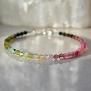 Rainbow gemstone bracelet, Tourmaline ombre bracelet, bracelet femme, delicate beaded bracelet with sterling silver, Bridesmaids gift | Natural genuine Tourmaline bracelets. Buy crystal jewelry, handmade handcrafted artisan jewelry for women.  Unique handmade gift ideas. #jewelry #beadedbracelets #beadedjewelry #gift #shopping #handmadejewelry #fashion #style #product #bracelets #affiliate #ad