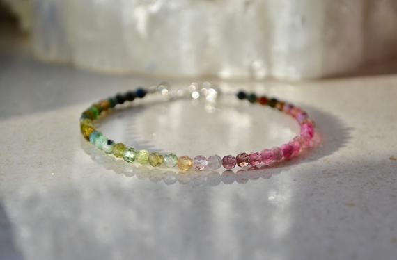 Rainbow Gemstone Bracelet, Tourmaline Ombre Bracelet, Bracelet Femme, Delicate Beaded Bracelet With Sterling Silver, Bridesmaids Gift