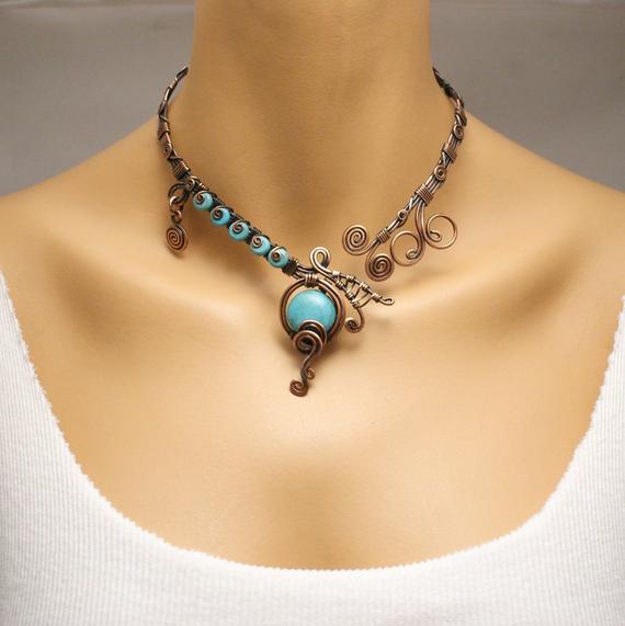 Turquoise Necklace, Turquoise Choker, Blue Gemstone Crystal Necklace, Turquoise Jewelry, Open Necklace, Copper Wire Wrapped Necklace