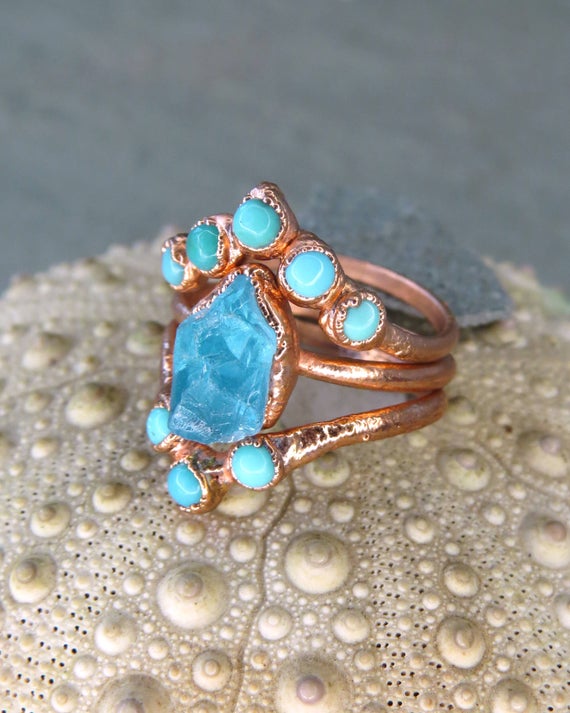 Alternative Engagement Rings, Turquoise Ring Set, Wedding Ring Set, Bands Stackable Raw Crystal Unique Present Minimalist Promise Ring
