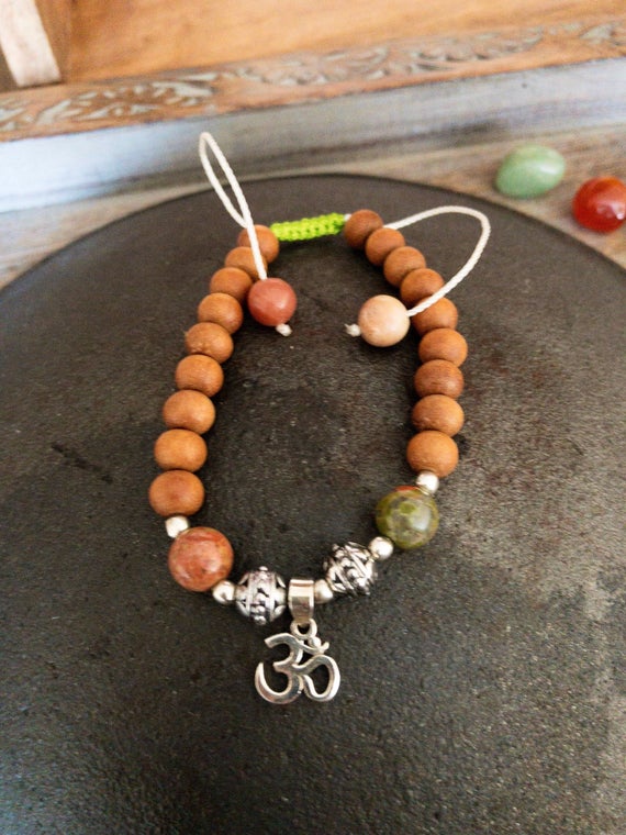 Sandalwood Unakite Om Bracelet – 925 Silver Adjustable Mala