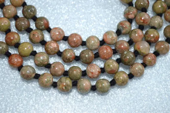 Fertility Unakite Hand Knotted Cleansing Mala Beads Necklace - Energized Chakra Karma Nirvana Meditation 8 Mm 108 Prayer Beads