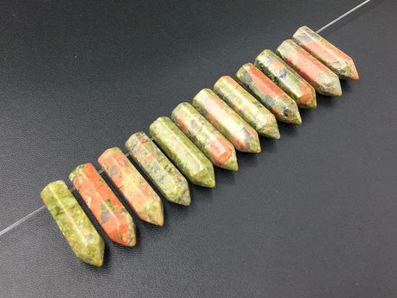 12pcs Unakite Point Beads Hexagonal Unakite Stick Beads Bullet Spike Pendant Charm Supplies Semi Precious Gemstone Beads