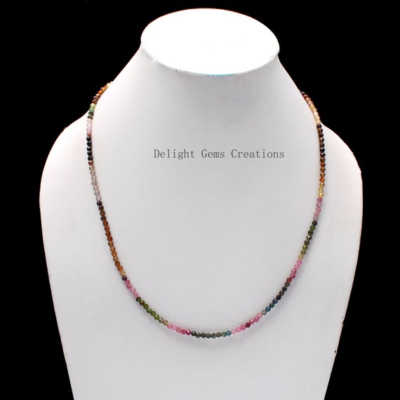 Aaa++ Multi Tourmaline Necklace, 3mm Natural Watermelon Tourmaline Faceted Round Bead Necklace, Multi Color Tourmaline Necklace,gift For Her