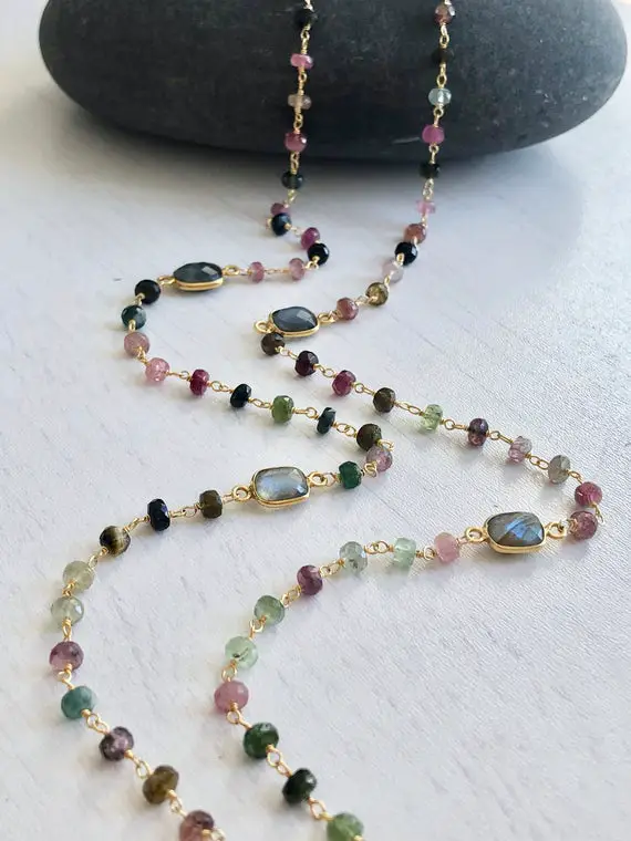 Watermelon Tourmaline Long Beaded Necklace, October Birthstone, Multicolor Gold Layering Necklace, Wire Wrapped Rosary Chain, Mom Wife Gift