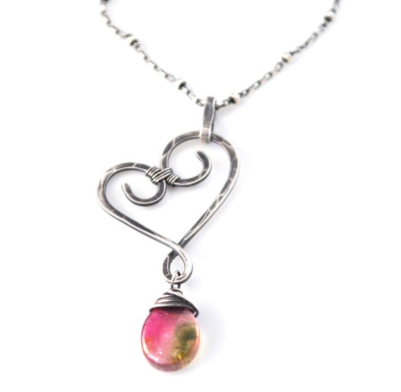Watermelon Tourmaline Necklace, Small Hand Forged Artisan Heart Pendant, Unique October Birthstone Jewelry, Luxe Tourmaline Crystal Slices