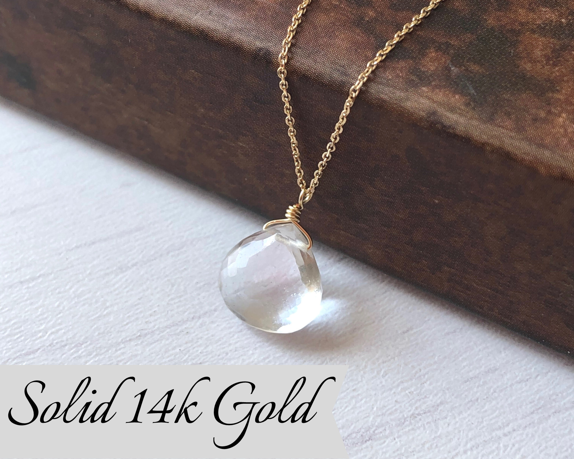 White Topaz Necklace, Clear Teardrop Pendant, Solid 14k Gold Necklace, April Birthstone, Dainty Gemstone Jewelry, Minimalist Layering Gift