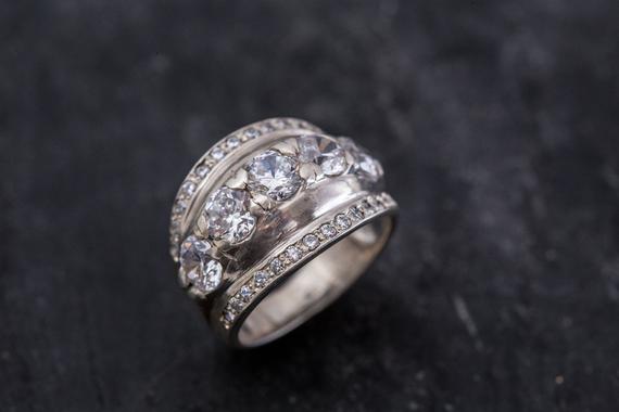 Unique Diamond Ring, Created Diamond Ring, Sparkly Ring, Diamond Ring, Vintage Ring, Wide Ring Design, Zircon Ring, Solid Silver, Diamond