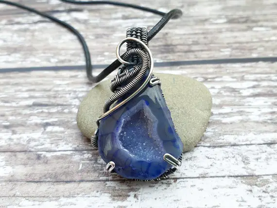 Blue Druzy Agate Pendant, Wire Wrapped Jewellery, Raw Stone Necklace, Agate Pendant, Druzy Necklace